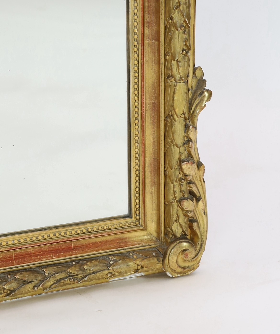 A late 19th century French giltwood and gesso overmantel mirror, width 105cm, height 149cm